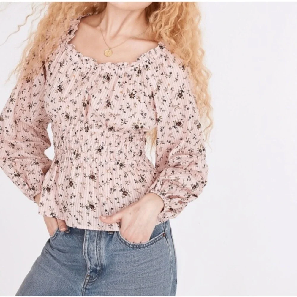 Madewell Sophia Top Bouquet Floral XS Pink Smocked Puff Sleeve Cottage Ruffle
